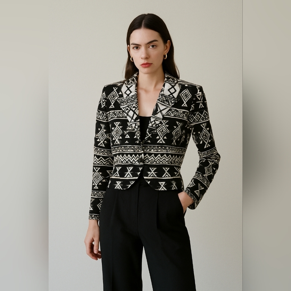 Flashback Vintage Black White Geometric Aztec Print Blazer Jacket